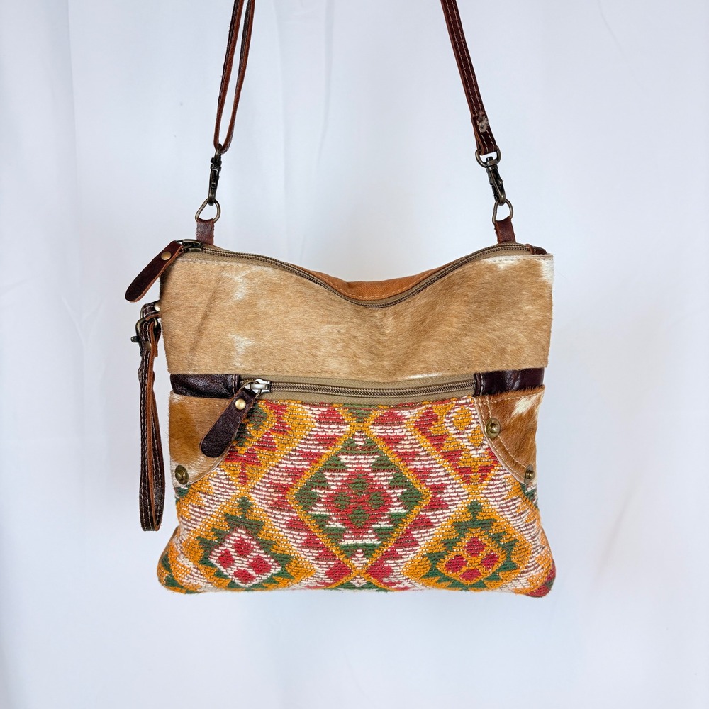 Myra Bag Hair On Hide Leather Kilim Tapestry Canvas Crossbody Wristlet Brown